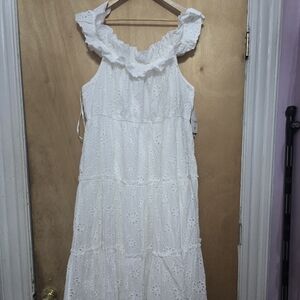 White Eyelet Ruffle Off Shoulder Dress